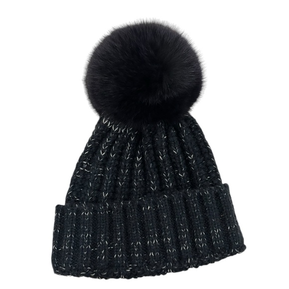 Kyi Kyi Canada Fold Up Faux Fur Pom Pom Hat Cable Knit Fleece Lined Wool Navy - Picture 2 of 3